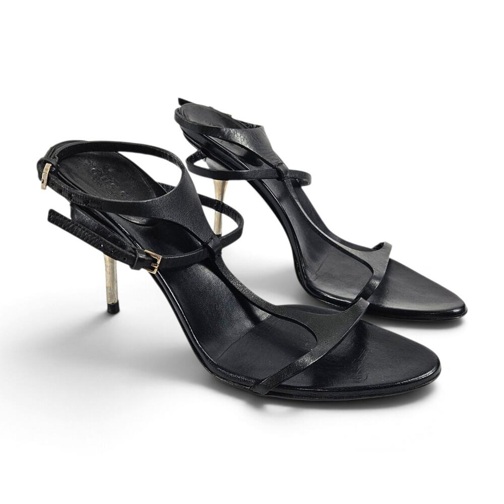 Vintage Gucci Heels Tom Ford Era Strappy Black Leather T-Strap Y2k - Size 7